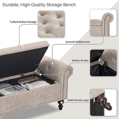 Storage Bench for Bedroom, 67" End of Bed Bench King Size, Upholstered Chenille Storage Ottoman with Tufted Cushioned Rolled Arm Large Storage Space for Living Room Entryway, Light Brown