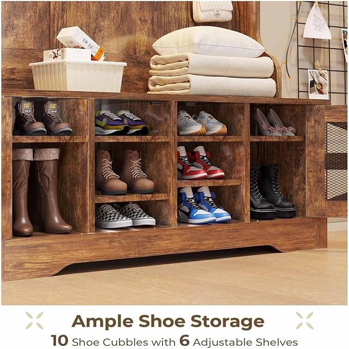 Itaar Hall Tree with Bench and Shoe Storage, 5-in-1 Entryway Bench with Coat Rack, 10 Shoe Cubbies & 9 Coat Hooks, Barn Door & Adjustable Shelf (Rustic Brown)