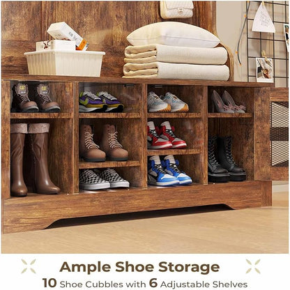 Itaar Hall Tree with Bench and Shoe Storage, 5-in-1 Entryway Bench with Coat Rack, 10 Shoe Cubbies & 9 Coat Hooks, Barn Door & Adjustable Shelf (Rustic Brown)