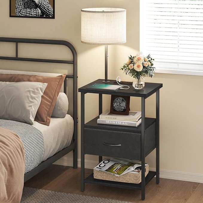 Fixwal Nightstand with LED Lights Bedside Table with 3 Color Temperatures Bulb, NightStand with Charging Station End Table with Adjustable Fabric Drawer for Bedroom Dorm, Black