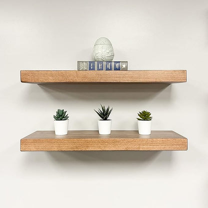 URBANDI, Rustic Floating Shelves, Set of 2, Hidden Bracket, Solid Wood, Heavy Duty, Wall Mounted Shelves, (Brown, 36Wx10D)