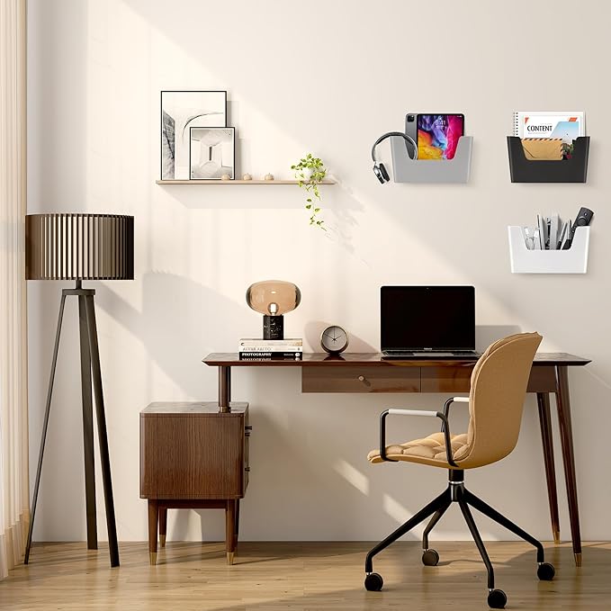 JOMOLA No Drilling File Holder 3 Pack Mail Organizer Wall Mount File Organizer Holder Office Wall Hanging Files Magazines Organizer Plastic Door Mount Wall Pocket with Adhesive Pad, White Color