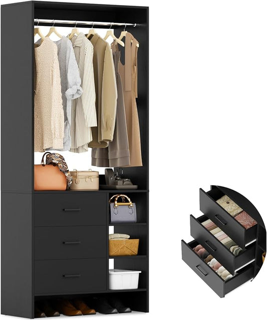 Aheaplus 2.5FT Closet System with 3 Drawers, 29.5’’ Closet Organizer, Wood Closet Organizer System, Walk-in Closet or Small Closets Wardrobe, Clothes Rack with Hanging Rods,-E6, Black
