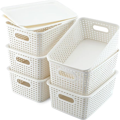 AREYZIN Plastic Storage Baskets With Lid Organizing Container Lidded Knit Storage Organizer Bins for Shelves Drawers Desktop Closet Playroom Classroom Office, White, 6 Pack