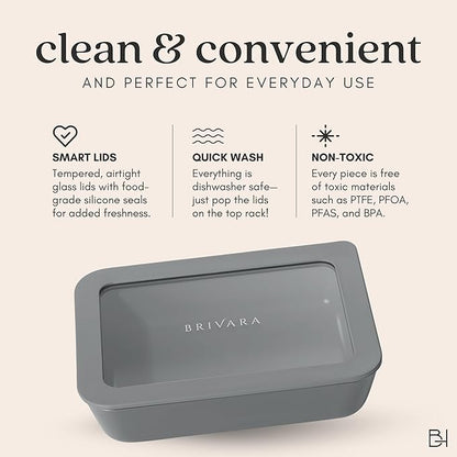 BRIVARA HOME Ceramic Coated Glass Food Storage Container | No PTFE, PFOA, PFAS, and BPA | Reusable Non Toxic Meal Prep Container with Glass Lid | Easy To Store | 3 Cup Rectangle [Smoke]