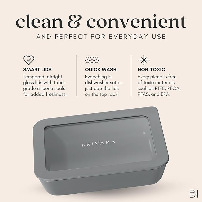 BRIVARA HOME Ceramic Coated Glass Food Storage Container | No PTFE, PFOA, PFAS, and BPA | Reusable Non Toxic Meal Prep Container with Glass Lid | Easy To Store | 2.5 Cup Square [Smoke]
