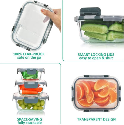 KOMUEE 24 Pieces Glass Food Storage Containers Set, Meal Prep Containers, BPA-Free Airtight Glass Storage Containers with lids,Freezer, Microwave and Oven Safe,Gray
