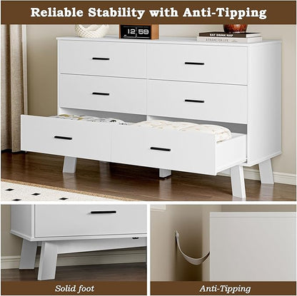 Dresser for Bedroom with 6-Drawer, 47.2" Modern Chest of Drawers with Metal Handles, X-Shape Base & Adjustable Center Leg, Anti-Tip Closet Organizers and Storage