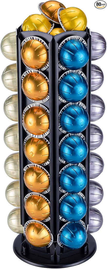 FlagShip Vertuo Pod Holder with Heavy-Duty Metal,Holds 50+ Pods for Nespresso Vertuoline,360°Carousel Rotating Smoothly & Silently,Small Coffee Pod Organizer Save Space