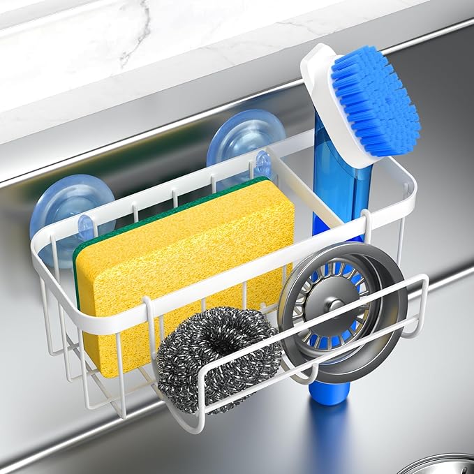 HOKEMOM Kitchen Sink Caddy Organizer with Sponge Holder & Multifunctional Hooks - Dual Suction Cups (18.5lb Hold), 2.0mm Stainless Steel White Rust-Proof, Non-Slip, 7.09" x 4.33" x 2.76"
