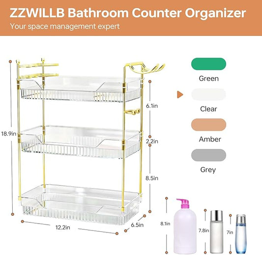 Bathroom Counter Organizer with Hair Dryer Holder and Toothbrush Holder, Acrylic Vanity Tray for Skincare, Perfume, Makeup Storage on Countertop ＆ Dresser (Clear, 3-Tier)