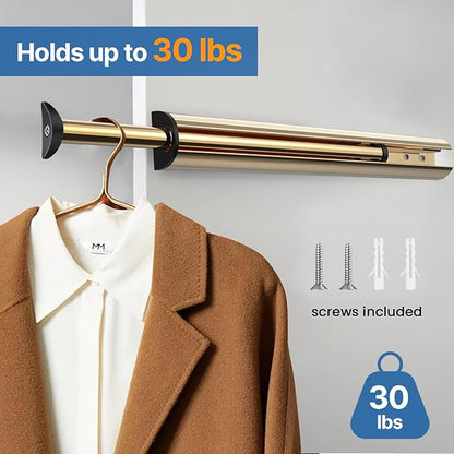Valet Rod 14-Inch，Tenovel Pull-Out Closet Clothes Rust-Free Closet Hanging Clothes Hat Rack Rod (Mounting Screws Included)-Bright Gold