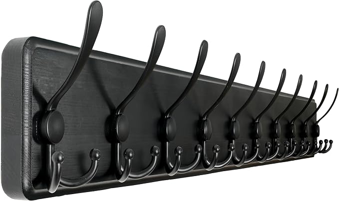 WEBI Coat Rack Wall Mount,38 9/16" Long,10 Tri Hooks for Hanging Coats,16" Hole to Hole,Coat Hooks Wall Mounted Coat Hanger,Farmhouse Wood Hook Rack for Clothes,Jacket,Hats,Rustic Black