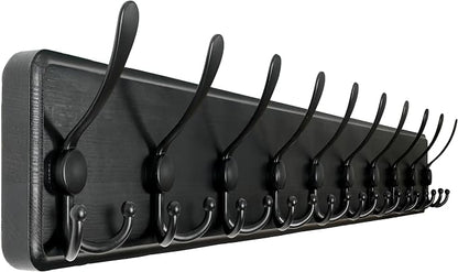 WEBI Coat Rack Wall Mount,38 9/16" Long,10 Tri Hooks for Hanging Coats,16" Hole to Hole,Coat Hooks Wall Mounted Coat Hanger,Farmhouse Wood Hook Rack for Clothes,Jacket,Hats,Rustic Black