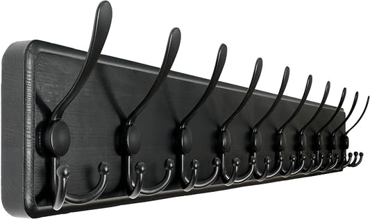 WEBI Coat Rack Wall Mount,38 9/16" Long,10 Tri Hooks for Hanging Coats,16" Hole to Hole,Coat Hooks Wall Mounted Coat Hanger,Farmhouse Wood Hook Rack for Clothes,Jacket,Hats,Rustic Black