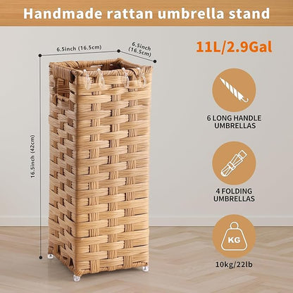 Rattan Umbrella Stand, Umbrella Holder for Entryway, Hand Woven Umbrella Rack Organizer Freestanding, with a Detachable Drip Tray, 4 Hooks, 6.5" L x 6.5" W x 16.5" H, Natural