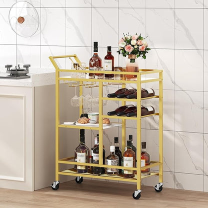 Bar Cart for Home, 3-Tier Serving Cart with Mirrored Top, Beverage Cart with Wine Rack and Glass Holder, Drink Cart with Wheels, for Dining Room, Living Room, Gold and White RCJM7101