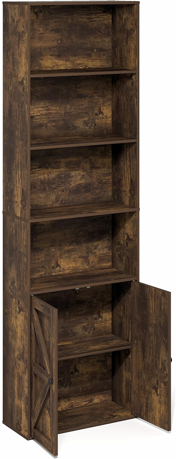 Furinno Jensen Book Shelf, 6-Tier Farmhouse Bookshelf, Display Bookcase with Doors, 9.2" x 21.6" x 71.2", for Organization and Storage, for Living Room, Bedroom, Home Office, Amber Pine