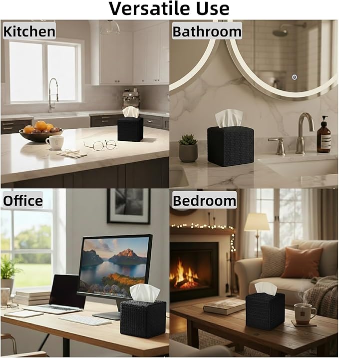 Tissue Box Cover 2-Pack, Square Tissue Holder with Bottom Belt, Modern Tissue Case Facial Paper Organizer Dispenser for Bathroom, Office, Home, Table, Car, Woven Pattern Black