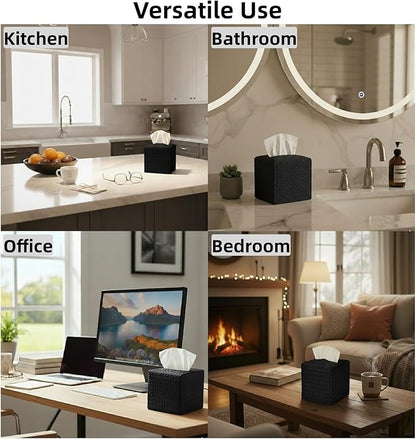Tissue Box Cover 2-Pack, Square Tissue Holder with Bottom Belt, Modern Tissue Case Facial Paper Organizer Dispenser for Bathroom, Office, Home, Table, Car, Woven Pattern Black