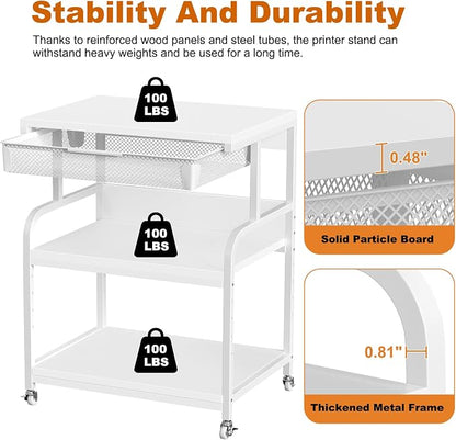 EasyCom 23.6''x18.9'' Extra Large Printer Stand with Drawer, 5-Adjustable Heights 3 Tier Table with Wheels, Rolling Printer Cart with Storage for Printer Scanner Fax Home Office Use
