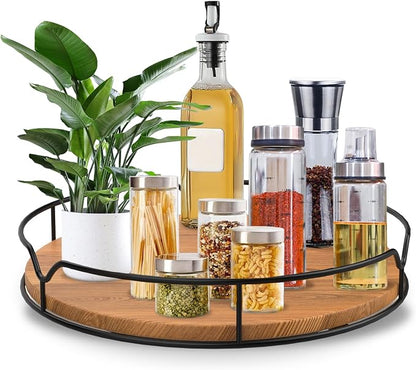 Lazy Susan Turntable Organizer for Cabinet Pantry Kitchen Countertop Refrigerator Cupboard, Pine Wood (Carbonized Black, 14“)