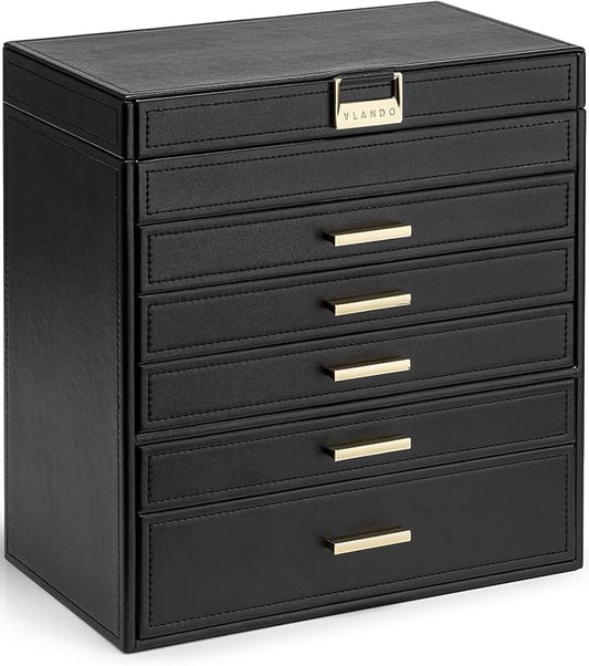VLANDO 6 Layer Large Jewelry Box - Jewelry Holder Organizer, Jewelry Box Organizer for Drawer Necklace Ring Bracelet and Watch, Birthday Gift for Loved Ones - Black