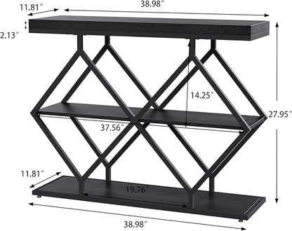 Garvee 3-Tier Entryway Table, Industrial Console Sofa Table with Storage, Accent Table with Open Shelves, Diamond-Shaped Metal Frame, Foyer Table for Entryway, Hallway, Black
