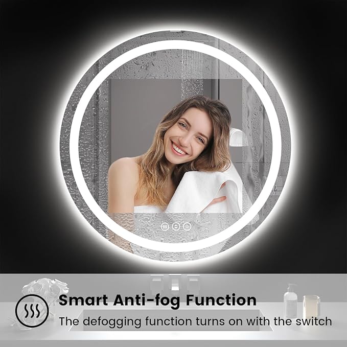 Round LED Bathroom Mirror with Lights, Backlit & Front Lighted, Wall-Mounted Vanity Mirror 3000K/4000K/6000K, Memory Functions, Anti-Fog, Dimmable Smart Mirror (Round 30" x 30")