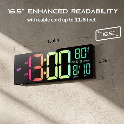 EASYERA 16.5" Large Digital Wall Clock with BT Sync, RGB Lights with 11 Scenes Mode Remote Control, Dual Alarms with Big LED Display, Auto DST, Temperature for Classroom Gaming