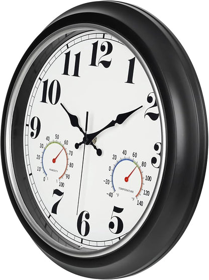 45MinST 13-Inch Vintage Outdoor Wall Clock with Thermometer and Hygrometer, Waterproof, Large Numbers, Silent, for Indoor and Outside Use,Porch,Garden,Pool(Black Frame with Silver Trim)