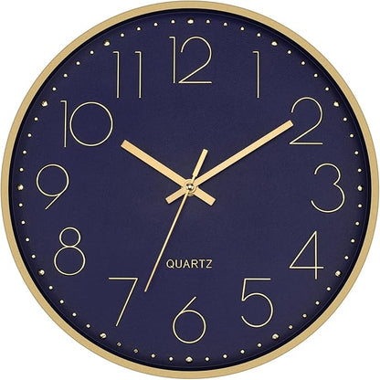 Foxtop Modern Wall Clock 12 Inch Silent Non-Ticking Battery Operated Round Quartz Gold Wall Clock for Living Room Bedroom Kitchen Office Classroom Decor (Dark Blue Dial)
