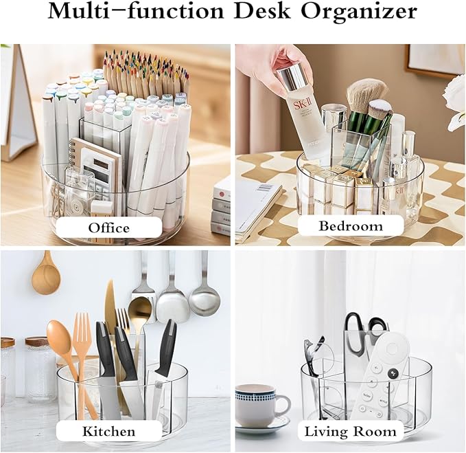 JIKIOU Acrylic Pen Holder, 360-Degree Rotating Pen Holder for Desk, Clear Desk Organizers and Accessories with 5 Compartments Pencil Organizer, Art Supply Storage Box Caddy for Office, Home