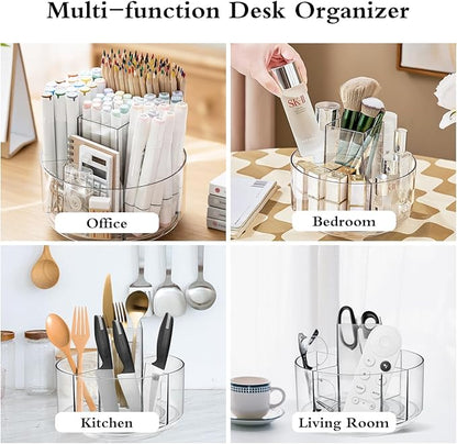 JIKIOU Acrylic Pen Holder, 360-Degree Rotating Pen Holder for Desk, Clear Desk Organizers and Accessories with 5 Compartments Pencil Organizer, Art Supply Storage Box Caddy for Office, Home
