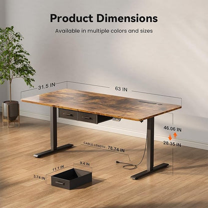 HLDIRECT Electric Standing Desk, 63 x 31.5 Inches Height Adjustable Table with Outlets, Sit Stand Computer Desk with Drawers for Home Office, Ergonomic Rising Workstation, Rustic Brown