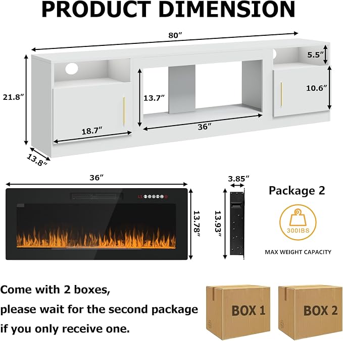 PRETZI Fireplace TV Stand with 36" Fireplace Up to 90" TVs, 80" Entertainment Center with LED Lights, Remote Control, TV Media Console with Storage Cabinets for Living Room, White