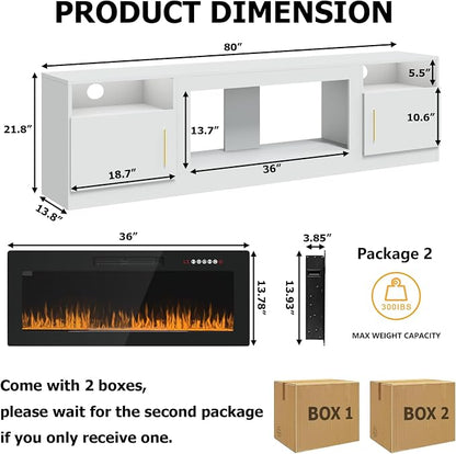 PRETZI Fireplace TV Stand with 36" Fireplace Up to 90" TVs, 80" Entertainment Center with LED Lights, Remote Control, TV Media Console with Storage Cabinets for Living Room, White