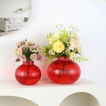 Red Glass Vases for Tulips, Set of 2, Flower Vases for Bouquet, Ribbed Glass Vase for Flowers, Short Vase for Living Room, Office, Coffee Table, Shelf, Wedding