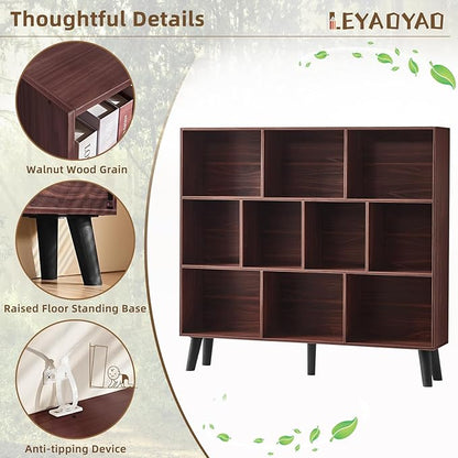 LEYAOYAO 10 Cube Bookshelf,3 Tier Modern Wide Bookcase with Legs,Mid-Century Wood Bookshelves Storage,Mint-Walnut Large Book Case,Freestanding Organizer Display Shelf for Bedroom,Living Room,Office