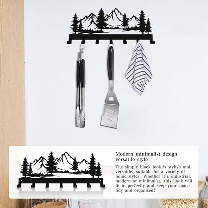 Key Holder Wall Mounted Key Hooks, Black Metal Key Rack Hooks, The Great Grove, Mountain Theme Wall Decoration Hooks, with 7 Hooks, Applicable to Front Doors, Lobby,Corridor, Offices (12 ")