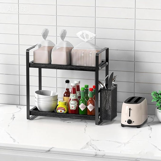 LEMIKKLE Coffee Station Organizer for Counter, Coffee Pods Holder Storage, Wooden Kitchen Counter Shelf, Coffee (Coffee Rack-BLACK)