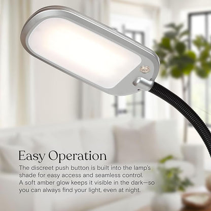 Brightech Litespan Slim LED Floor Reading Lamp with Adjustable Gooseneck for Living Rooms & Offices, Dimmable Standing Lamp for Bedroom - Silver