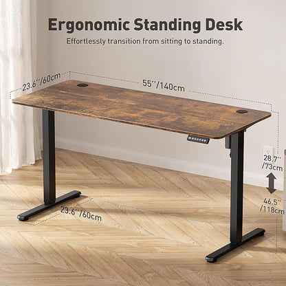 55" Electric Standing Desk Adjustable Height, Ergonomic Sit Stand Computer Desk for Home Office, Sturdy Motorized Workstation with Memory Controller & Timer, Brown