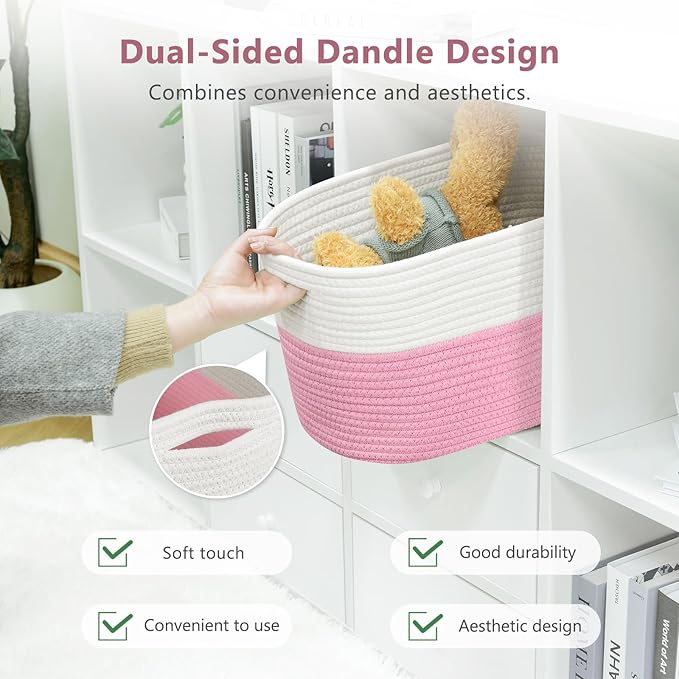 Cotton Rope Shelf Storage Basket, 15x10x9 in, Shelf Storage Baskets for Clothes, Towels, Books, Laundry (White/Pink, 1 Pack)