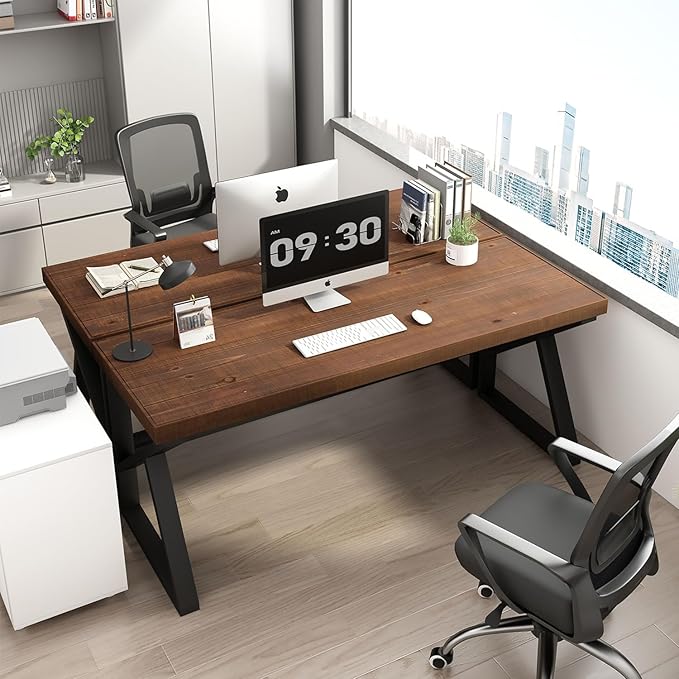 IBF Solid Real Wood 55 Inch Office Computer Desk, Rustic Writing Study Table for Student, Natural Wooden and Metal Gaming Home Office Desk, Rustic Industrial Executive Work Desk Workstation, Brown