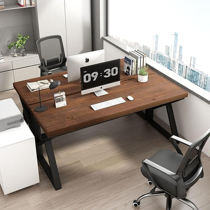 IBF Solid Real Wood 55 Inch Office Computer Desk, Rustic Writing Study Table for Student, Natural Wooden and Metal Gaming Home Office Desk, Rustic Industrial Executive Work Desk Workstation, Brown