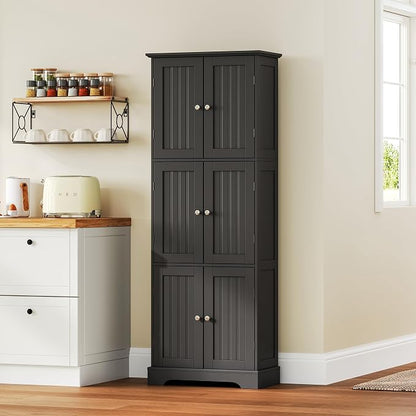ChooChoo Tall Bathroom Storage Cabinet with 6 Doors, Freestanding Floor Cabinet with Adjustable Shelves, Black Pantry Cabinet for Bathroom, Kitchen, Laundry Room