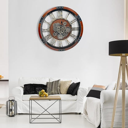 DORBOKER 27" Original Moving Gears Wall Clock, Large Industrial Wall Clock for Living Room Decor, Retro Metal Solid Wood Vintage Farmhouse Steampunk Rustic Clocks for Wall Decor,Black Walnut