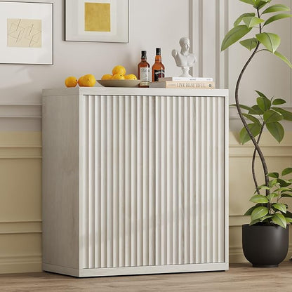31” Sideboard Cabinet with Storage, Fluted Accent Cabinet with Adjustable Shelves, Modern Wood Credenza Cabinets with Pop-up Doors for Entryway Kitchen Living Room Hallway, White Oak
