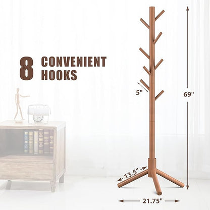 Haddockway Wooden Coat Rack Stand with 8 Hooks New Zealand Pine 3 Adjustable Coat Standing Tree Easy Assembly for Coats, Hats, Scarves and Handbags for Entryway, Hallway, Bedroom, Office,2 PCS